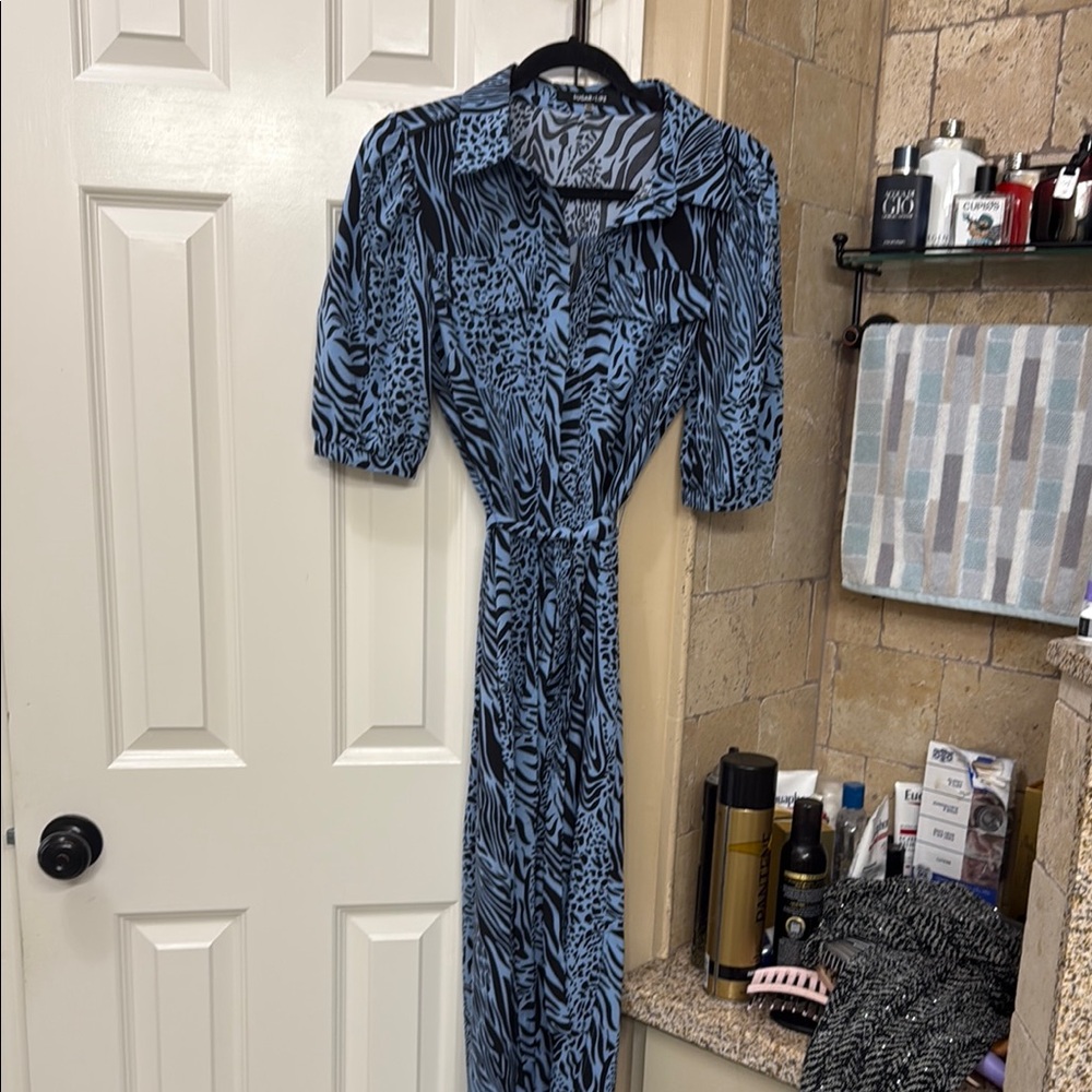 Sugarlips Blue and White Wrap Dress with Notched Collar